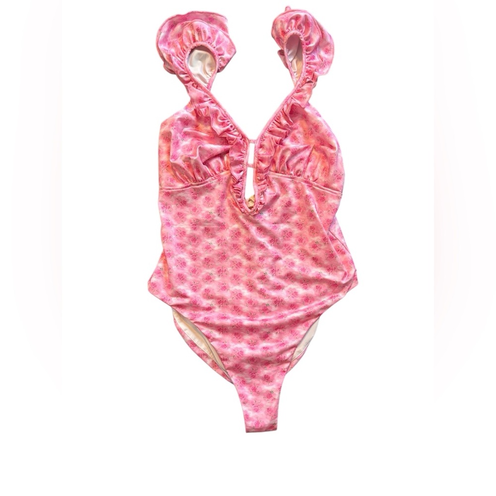 LoveShackFancy Tibbie One Piece Swimsuit Sz M Pink Rosebud Print